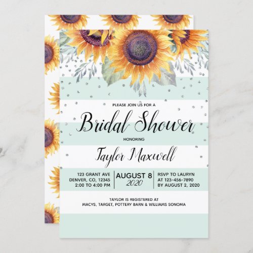 Fall sunflower mint green floral bridal shower invitation