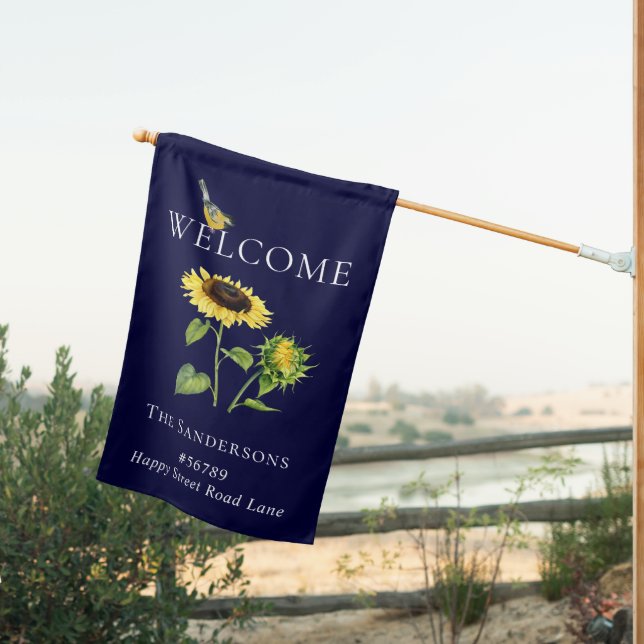 Fall Sunflower Navy Blue name address  House Flag (Insitu (Back))