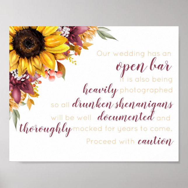Fall Sunflower Open Bar Wedding Poster (Front)