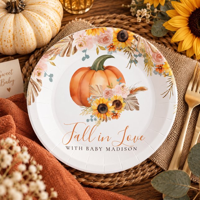 Fall Sunflower Pumpkin Baby Shower Paper Plates (Fall in Love Sunflower Pumpkin Paper Plates)