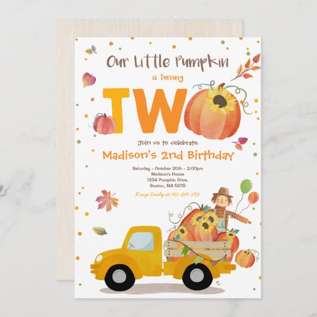 Fall Sunflower Pumpkin Birthday Pumpkin Patch Invitation (Front/Back)