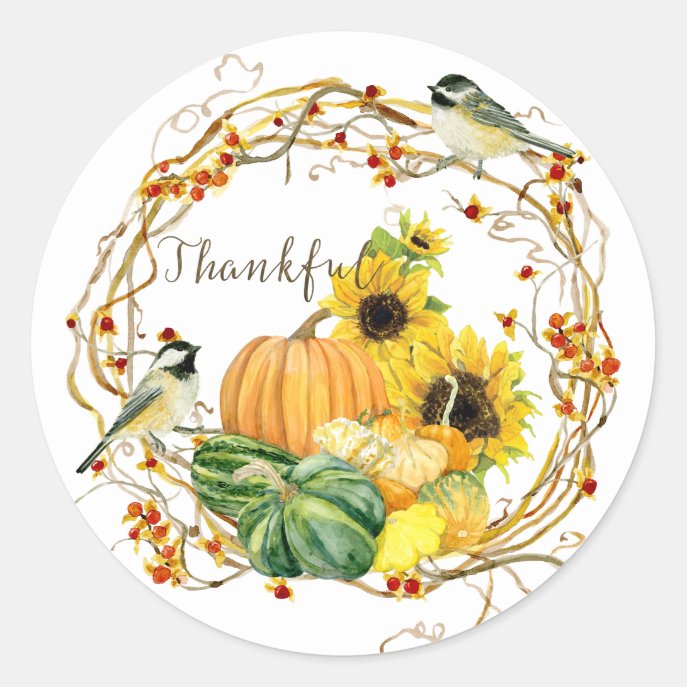Fall Sunflower Pumpkin Floral Thankful Script Art Classic Round Sticker
