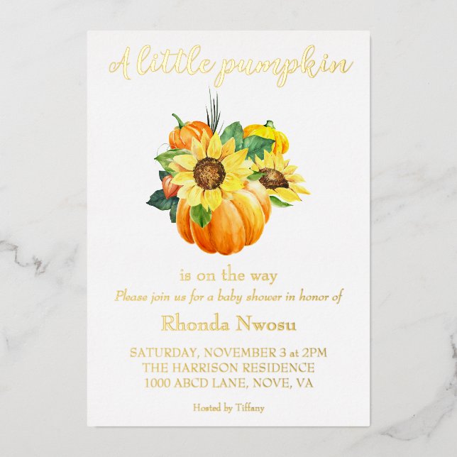 Fall Sunflower Pumpkin Gender Neutral  Foil Invitation (Front)