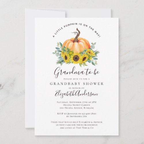 Fall Sunflower Pumpkin Grandma to Be Baby Shower Invitation