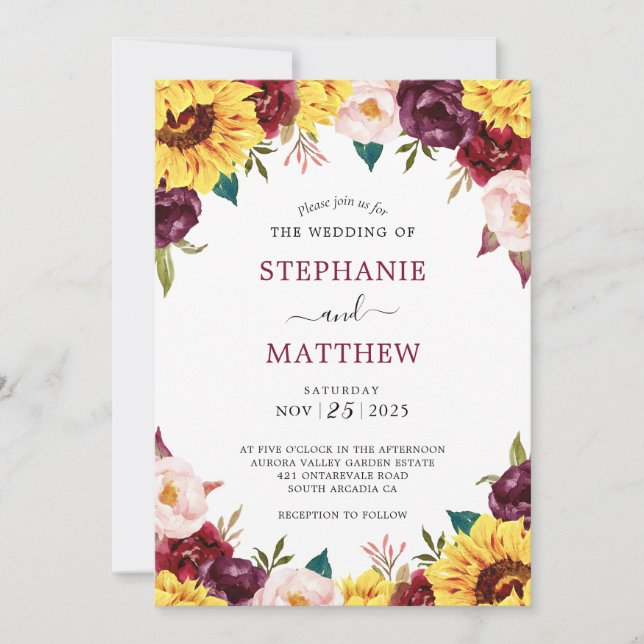 Fall Sunflower Red Roses Floral Wedding Invitation (Front)