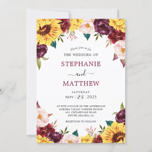 Fall Sunflower Red Roses Floral Wedding Invitation