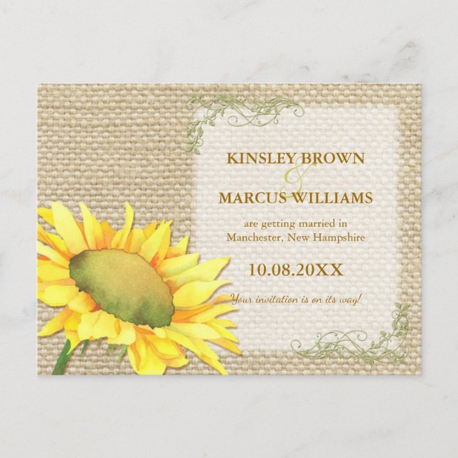 Fall Sunflower Rustic Burlap Wedding Save the Date Announcement Postcard (Front)