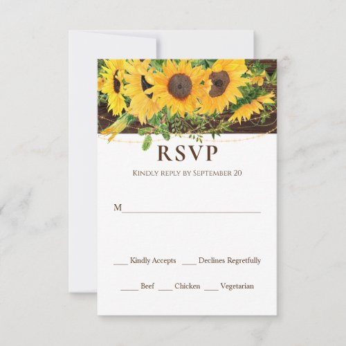 Fall Sunflower String Lights Rustic Wood Wedding R RSVP Card