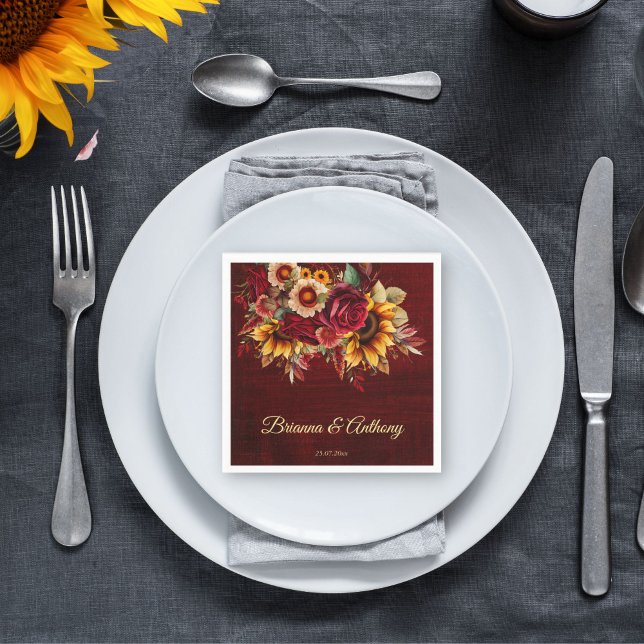 Fall sunflower wedding burgundy monogram printed napkins (Fall sunflower wedding burgundy monogram printed napkins template personalized sunflower tableware)