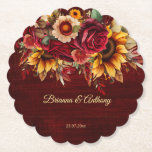 Fall sunflower wedding burgundy monogram printed paper coaster<br><div class="desc">Fall wedding Burgundy roses yellow sunflowers greenery burgundy background personalized monogram printed paper coasters  template personalized wedding decor which can also be wedding favors</div>