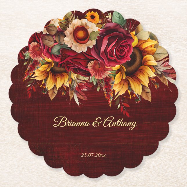 Fall sunflower wedding burgundy monogram printed paper coaster (Front)