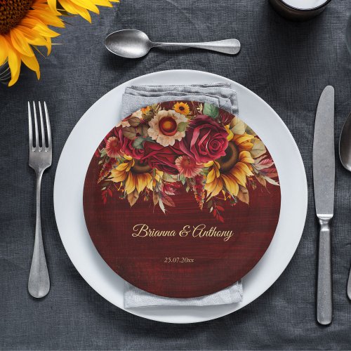 Fall sunflower wedding burgundy monogram printed paper plates