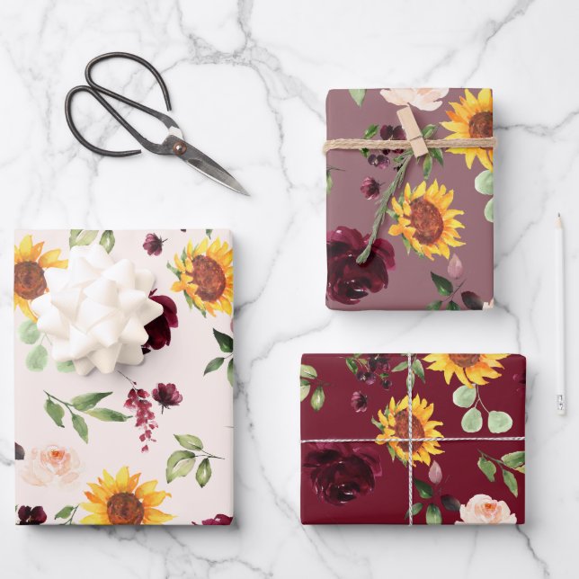 Fall Sunflowers and Burgundy Roses Bridal Shower Wrapping Paper Sheets (Front)