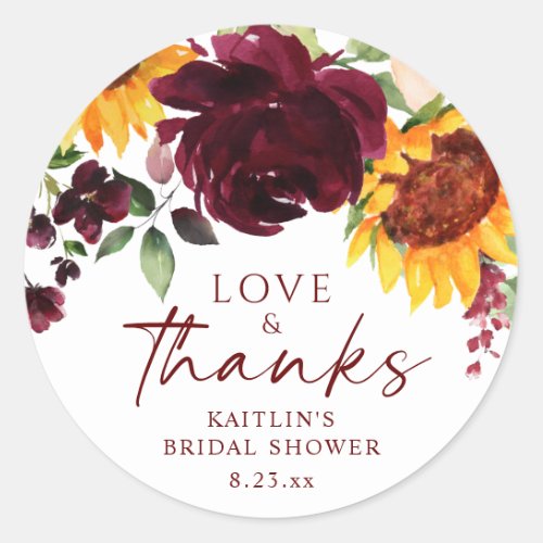 Fall Sunflowers  Burgundy Roses Bridal Shower Classic Round Sticker