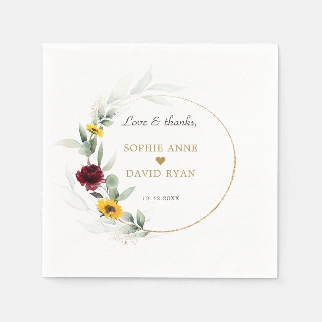Fall Sunflowers Burgundy Roses Gold Wedding   Napkins (Front)