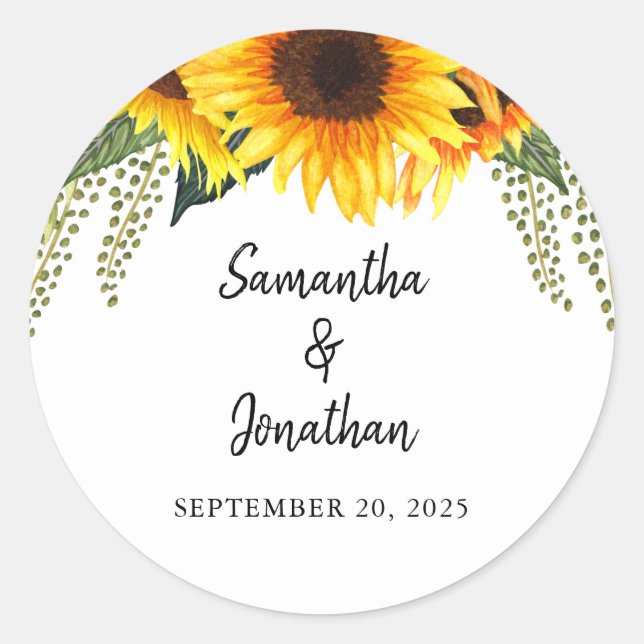 Fall Sunflowers Country Wedding Classic Round Sticker (Front)