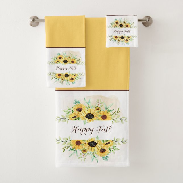 Fall Sunflowers frame with customizable text  Bath Towel Set (Insitu)
