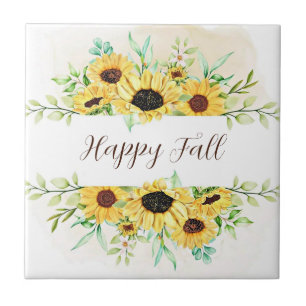 Fall Sunflowers frame with customizable text  Ceramic Tile