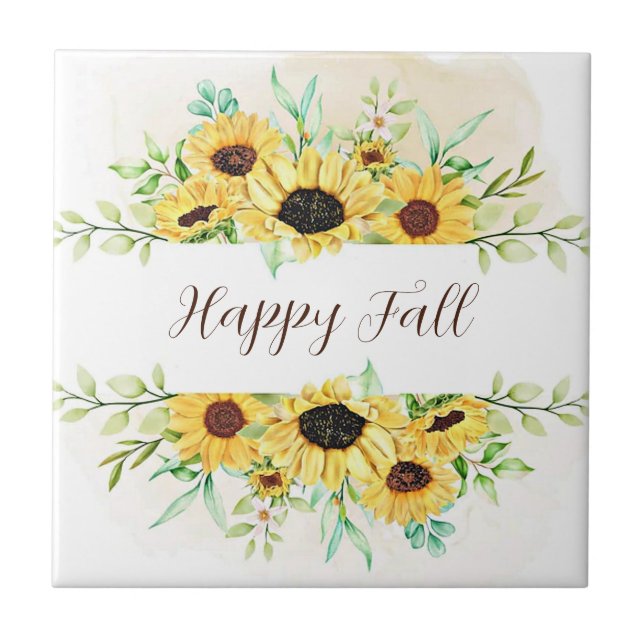Fall Sunflowers frame with customizable text  Ceramic Tile (Front)