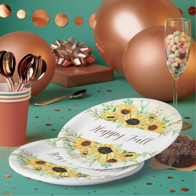 Fall Sunflowers frame with customizable text  Paper Plates (Multi)
