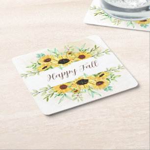 Fall Sunflowers frame with customizable text Square Paper Coaster