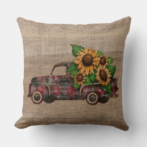 Fall Sunflowers in Vintage Pickup Truck Throw Pillow