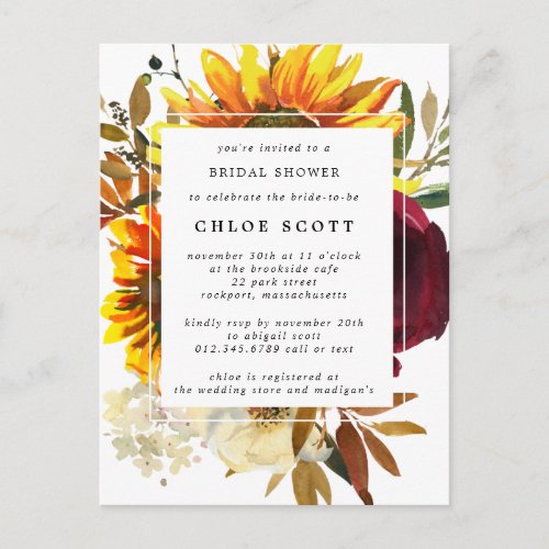 Fall Sunflowers Rose Bridal Shower Invitation Postcard