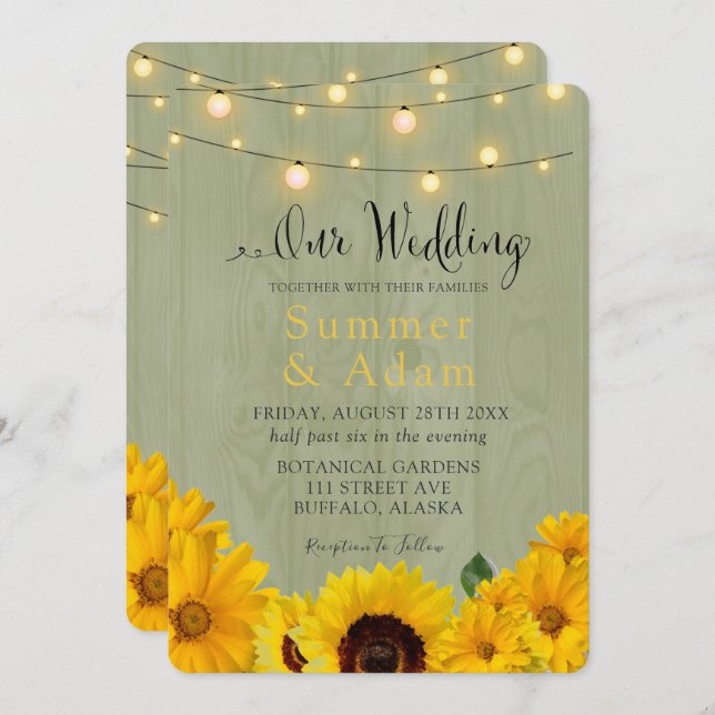 Fall Sunflowers Sage Wood Lights Our Wedding Invitation (Front/Back)