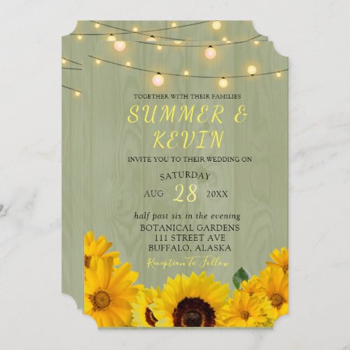 Fall Sunflowers Sage Wood string Of Lights Wedding Invitation