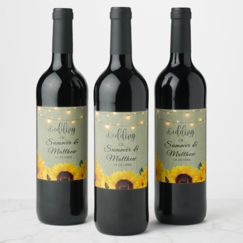 Fall Sunflowers Sage Wood String Of Lights Wedding Wine Label