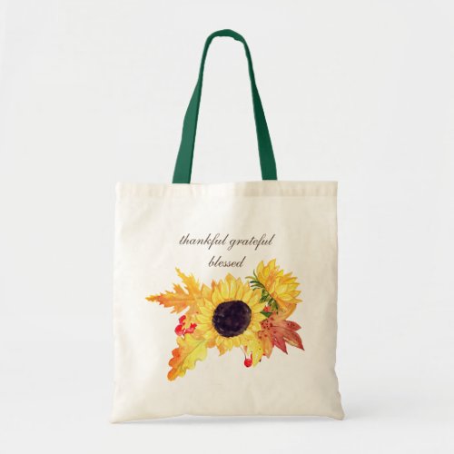 Fall Sunflowers Thankful Grateful Blessed  Floral Tote Bag