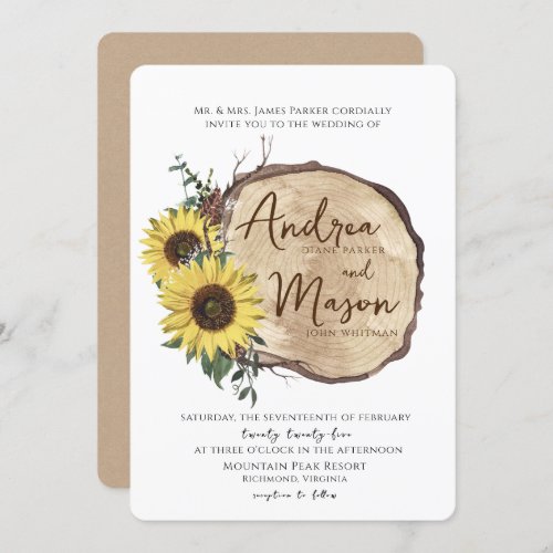 Fall Sunflowers Wood Slice Rustic Wedding Invitati Invitation