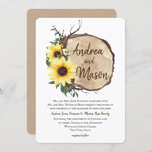 Fall Sunflowers Wood Slice Rustic Wedding Invitation