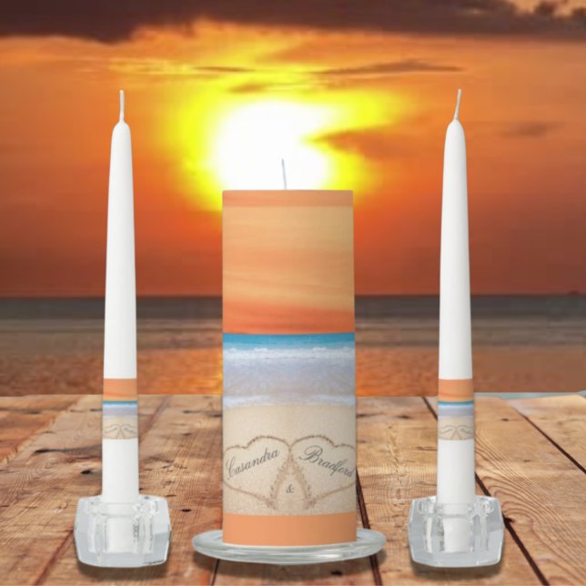Fall Sunset Beach Wedding 2 Hearts Sand Unity Candle Set (Creator Uploaded)