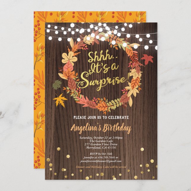 Fall surprise birthday party thanksgiving gold invitation (Front/Back)