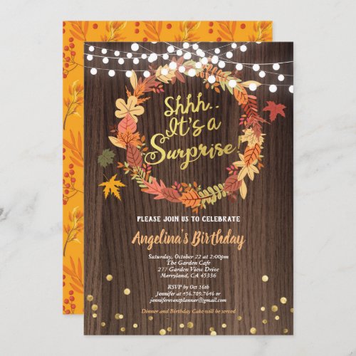 Fall surprise birthday party thanksgiving gold invitation
