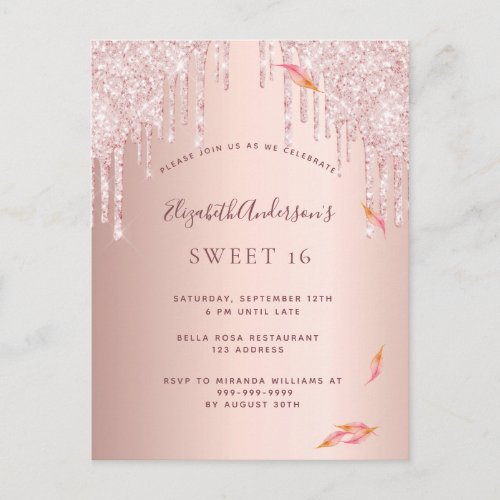 Fall sweet 16 party rose gold glitter invitation postcard