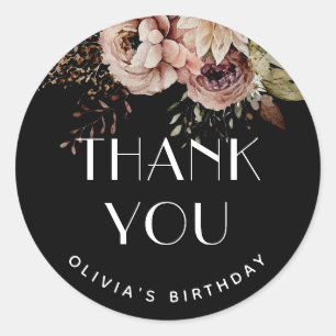Fall Sweet 16 Thank You   Black Boho Floral Favors Classic Round Sticker