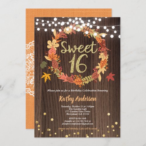 Fall sweet sixteen 16 birthday rustic wood wreath invitation