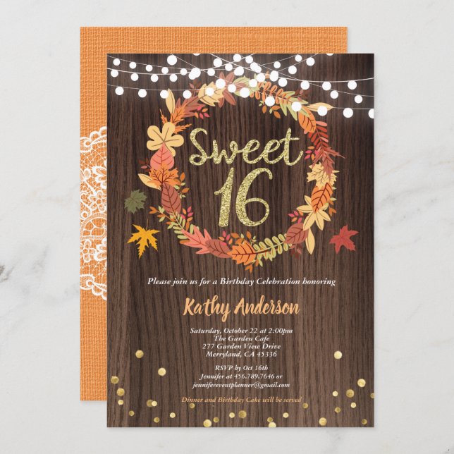 Fall sweet sixteen 16 birthday rustic wood wreath invitation (Front/Back)