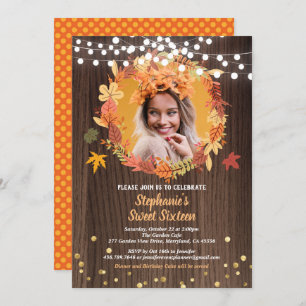 Fall sweet sixteen 16 photo invite wreath rustic