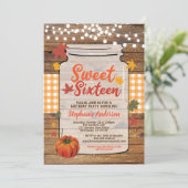 Fall sweet sixteen 16 rustic wood mason jar invitation (Standing Front)