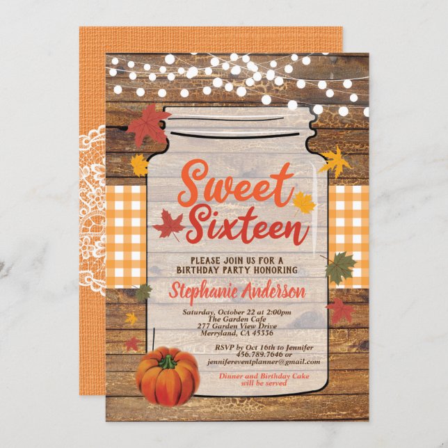 Fall sweet sixteen 16 rustic wood mason jar invitation (Front/Back)