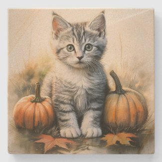 Fall Tabby Kitten Sandstone Coaster