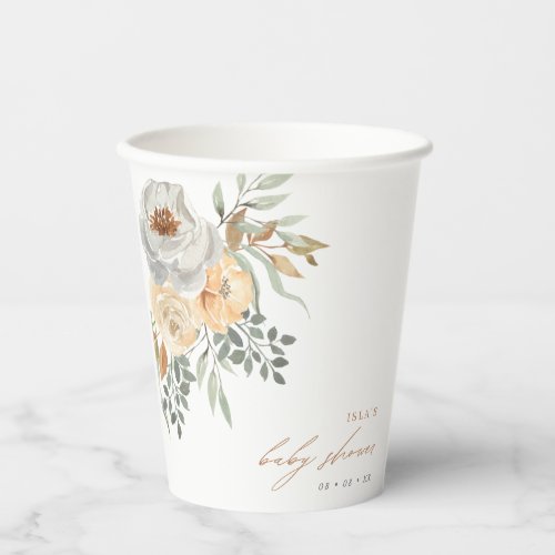 Fall Tan  Grey Floral Baby Shower Paper Cups