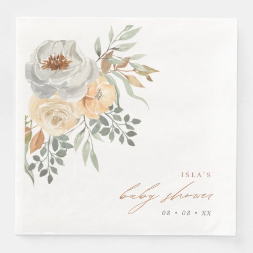 Fall Tan  Grey Floral Baby Shower Paper Dinner Napkins