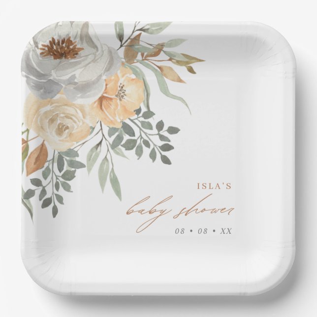 Fall Tan & Grey Floral Baby Shower Paper Plates (Front)