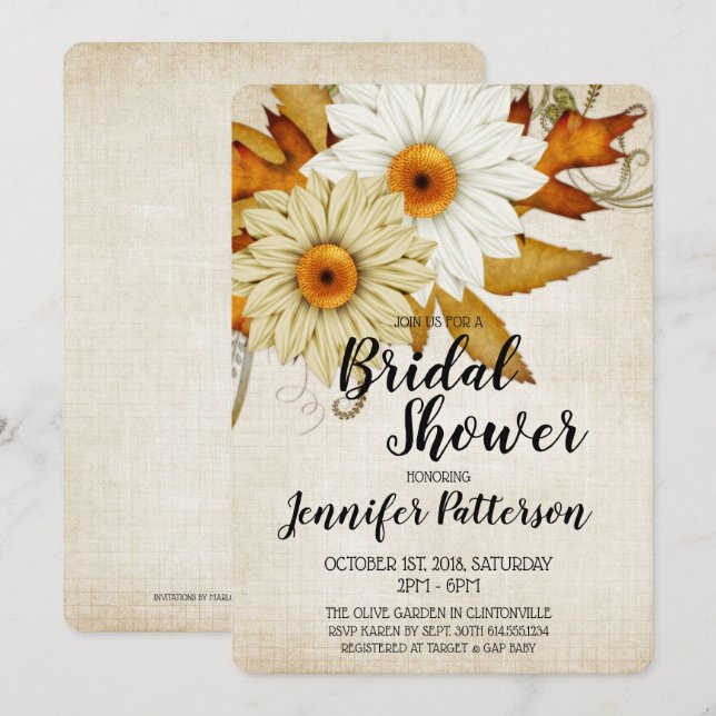 Fall Tan & White Flowers Bridal Shower Invitation (Front/Back)