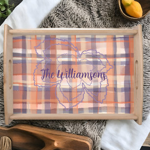 Fall tartan name script leaves orange purple beige serving tray