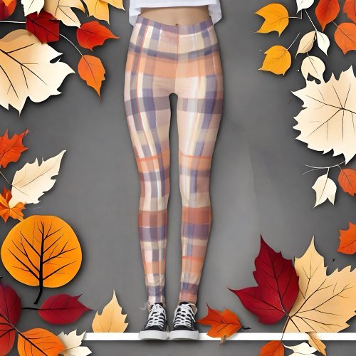 Fall tartan plaid beige orange plum check modern  leggings